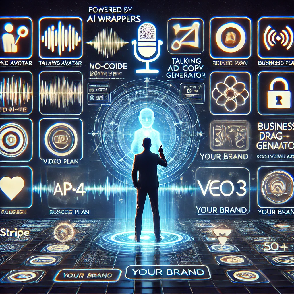 The dashboard shows a no-code drag-and-drop interface. Speech waveforms transition into app icons. Labels show 'Powered by GPT-4', 'Veo 3', 'Claude', 'Gemini'. Flags and scripts represent support for 50+ languages. 